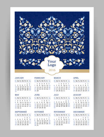 Vector Calendar for 2016 with bright ornate illustration in Eastern Style. Template with floral decor backgrounds. Place for your text. Week Starts Sunday. Layered, easy to use.のイラスト素材