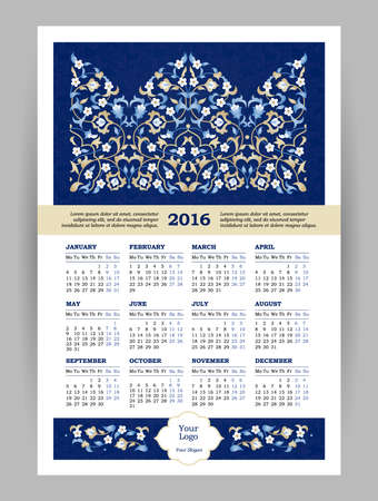 Vector Calendar for 2016 with bright ornate illustration in Eastern Style. Template with floral decor backgrounds. Week Starts Monday. Layered, easy to use.のイラスト素材