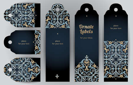 Ornate cards in oriental style. Bright Eastern floral decor on dark backdrop. Template vintage frame for greeting card and wedding invitation. Vector labels with place for your text.のイラスト素材
