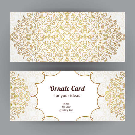 Vintage ornate cards in oriental style. Line art Eastern floral decor. Template frame for birthday and greeting card, wedding invitation. Vector golden border with place for text. Easy to use, layered.のイラスト素材