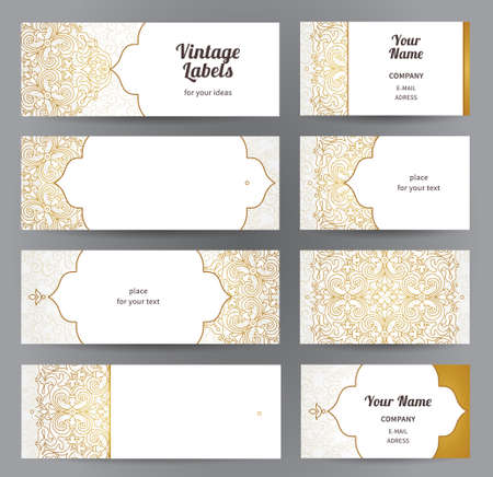 Vector set of ornate horizontal cards in oriental style. Line art Eastern floral decor. Template vintage frame for greeting card, business card. Labels and tags with place for text.のイラスト素材