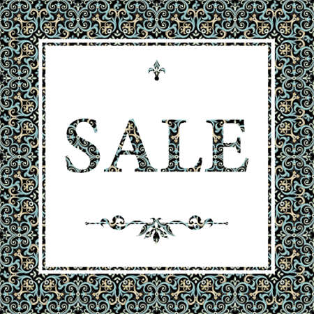 Vintage sale discount banner in Victorian style. Oriental golden floral decor. Template placard design for sale season. Vector border with place for text.Easy to use, layered. Decor for time of sales.のイラスト素材