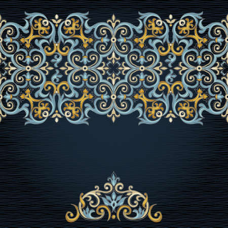 Vector ornate seamless border in Eastern style. Gorgeous element for design. Ornamental vintage pattern for wedding invitations, birthday and greeting cards. Traditional bright decor on dark background.のイラスト素材