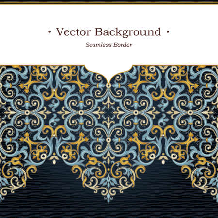 Vector ornate seamless border in Eastern style. Zig zag element for design. Ornamental vintage pattern for wedding invitations, birthday and greeting cards. Traditional bright decor on dark backdrop.のイラスト素材