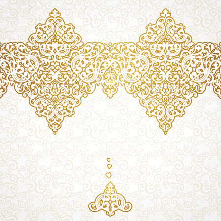 Vector ornate seamless border in Victorian style. Gorgeous element for design, place for text. Ornamental vintage pattern for wedding invitations, birthday and greeting cards.Traditional golden decor.のイラスト素材