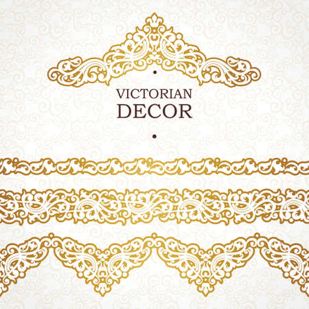 Vector ornate seamless borders in Victorian style. Outline element for design, place for text. Ornamental vintage pattern for invitations, birthday and greeting cards, certificate. Traditional golden decor.のイラスト素材