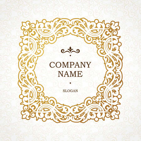 Square vector golden frame in Victorian style. Ornate element for design. Place for company name and slogan. Ornament floral vignette for business card, wedding invitations, certificate,   template.のイラスト素材