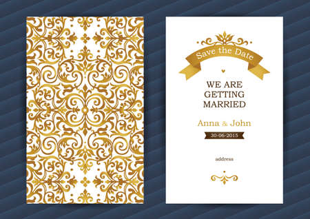 Vintage ornate cards in oriental style. Golden Eastern floral decor. Template vintage frame for birthday and greeting card, wedding invitation. Ornate romantic vector border. Easy to use, layered.のイラスト素材