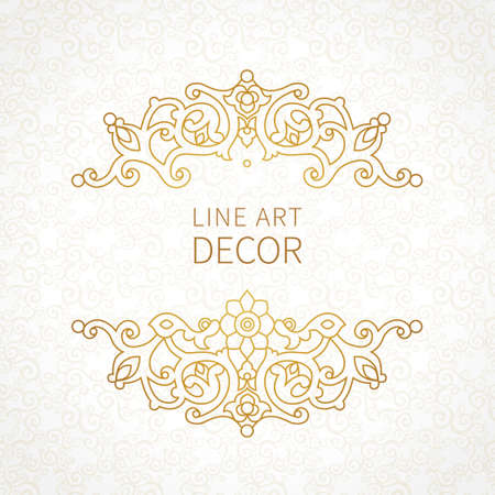 Vector floral vignette in Eastern style. Ornate element for design. Place for text. Ornament for wedding invitations, birthday and greeting cards, certificate,   template. Lace golden decor.のイラスト素材