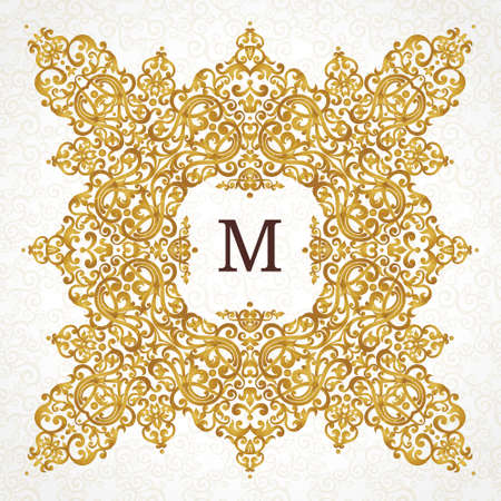 Vector golden frame in Victorian style. Ornate element for design. Place for company name. Ornament floral vignette for business card, wedding invitations, certificate,   template, monogram.のイラスト素材