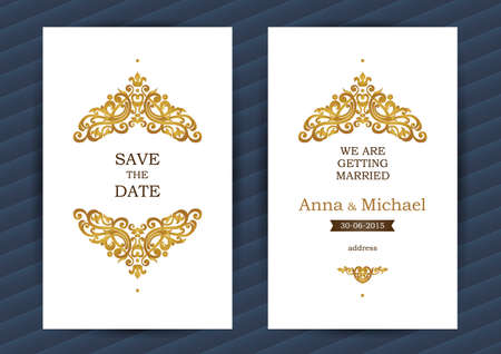 Vintage ornate cards in oriental style. Golden Eastern floral decor. Template vintage frame for birthday and greeting card, wedding invitation. Ornate romantic vector border. Easy to use, layered.のイラスト素材