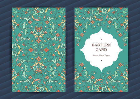 Vintage ornate cards in oriental style. Pastel Eastern decor on turquoise backdrop. Template frame for birthday and greeting card, wedding invitation. Vector floral border, place for text. Easy to use, layered.のイラスト素材