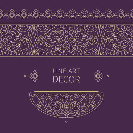 Vector ornate seamless border in Eastern style. Floral outline element for design. Line art vintage frame for invitations, birthday and greeting cards, certificate. Oriental beige decor.のイラスト素材