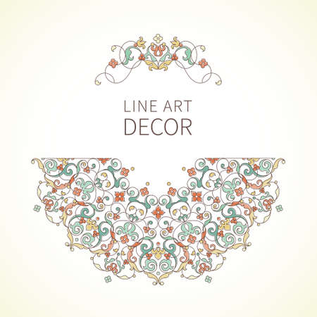 Vector floral vignette in Eastern style. Ornate line art element for design. Lace pastel decor. Outline ornament for invitations, birthday and greeting cards, thank you message, certificate, logo template.のイラスト素材