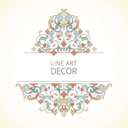 Vector floral vignette in Eastern style. Ornate line art element for design. Lace pastel decor. Outline ornament for invitations, birthday and greeting cards, thank you message, certificate, logo template.のイラスト素材