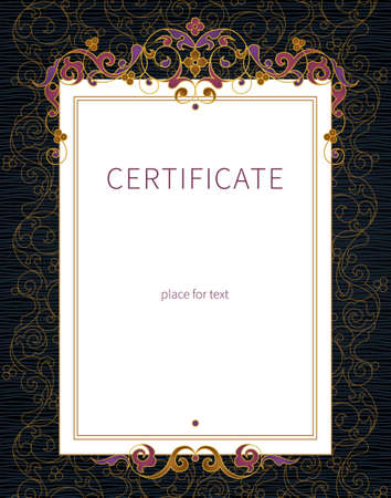 Vector line art frame in Eastern style. Certificate template with bright tracery. Elegant element for design. Outline border. Floral decor for poster, booklet, card, wedding invitation, certificate.のイラスト素材