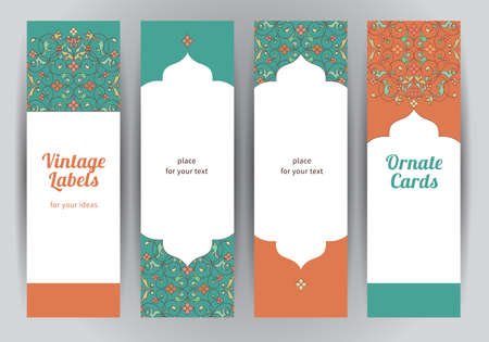 Vector set of ornate vertical cards in oriental style. Bright Eastern floral decor. Template vintage frame for greeting card and wedding invitation. Labels and tags with place for text.のイラスト素材