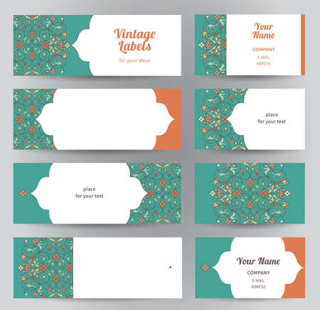 Vector set of ornate cards in oriental style. Bright Eastern floral decor. Template vintage frame for greeting card, business card. Labels and tags with place for text.のイラスト素材
