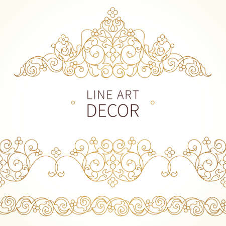 Vector ornate seamless border and vignette in Eastern style. Outline element for design. Line art vintage pattern for invitations, birthday and greeting cards, certificate. Traditional golden decor.のイラスト素材