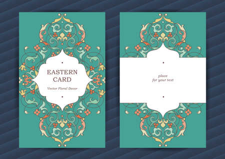 Vintage ornate cards in oriental style. Bright Eastern decor on turquoise backdrop. Template frame for greeting card, invitation. Vector floral border, place for text. Easy to use, layered.のイラスト素材