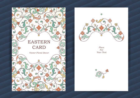 Vintage ornate cards in oriental style. Outline Eastern decor. Template frame for birthday and greeting card, wedding invitation, thank your message. Vector floral border, place for text.のイラスト素材