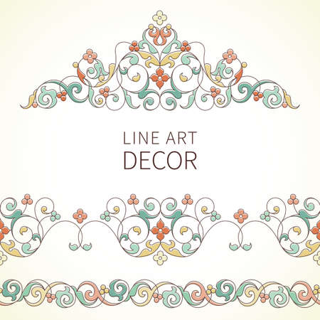 Vector ornate seamless borders and vignette in Eastern style. Outline element for design. Pastel vintage pattern for invitations, birthday and greeting cards, certificate. Traditional colorful decor.のイラスト素材