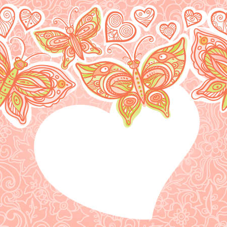 Pink seamless border with colorful butterflies, flowers and hearts. Template design for wedding invitation and greeting cards. Place for your text. Save the date.のイラスト素材