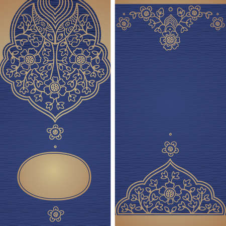 Vintage greeting cards with swirls and floral motifs in east style. Template frame design for retro wedding card. Golden vector border in Victorian style. Place for your text. Save the date.のイラスト素材