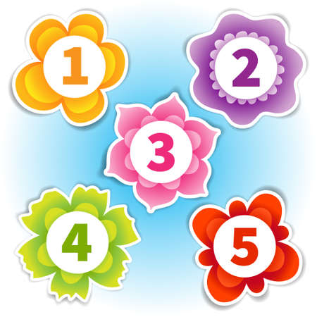 Colorful labels in the form of flowers with numbers. Bright flower-shaped  marker. Can be used for invitations, cards, decoration holiday events for children and adults.のイラスト素材