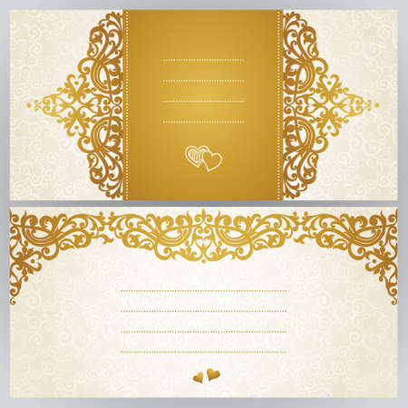 Vintage greeting cards with swirls and floral motifs in east style. Template frame design for retro wedding card. Golden vector border in Victorian style. Place for your text. Save the date.のイラスト素材