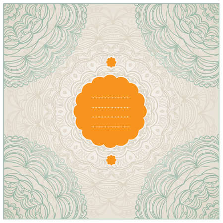 Vintage greeting cards with swirls and floral motifs in east style. Template frame design for greeting card. Light vector border in lacy ornament. Place for your text. Save the date.のイラスト素材