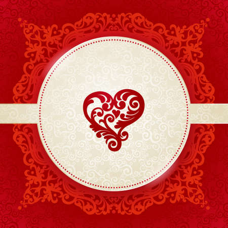 Vintage greeting cards with swirls and floral motifs in Victorian style. Template frame design for retro wedding card. Red vector border in Victorian style. Place for your text. Save the date.のイラスト素材