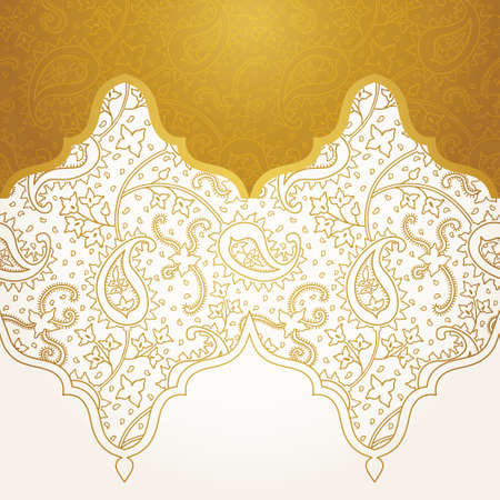 Vector ornate seamless border in Eastern style. Golden element for design. Outline vintage pattern for invitations, birthday and greeting cards, wallpaper. Traditional floral decor. Paisley pattern fill.のイラスト素材