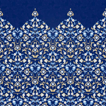 Vector ornate seamless border in Eastern style. Bright element for design. Floral vintage pattern for invitations, birthday and greeting cards, wallpaper. Traditional arabic decor on blue background.のイラスト素材