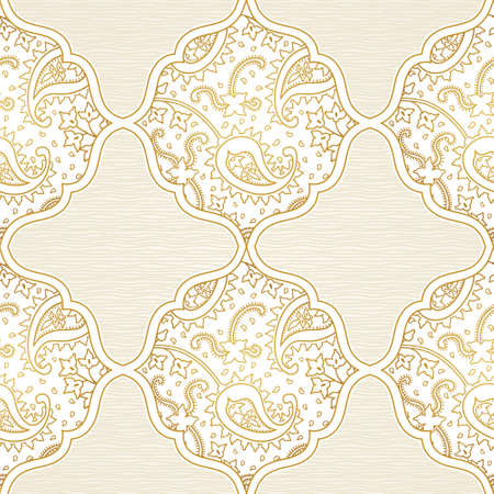 Vector seamless pattern with golden ornament. Vintage paisley element for design in Eastern style. Line art ornamental lace tracery. Ornate floral decor for wallpaper. Endless outline texture.のイラスト素材