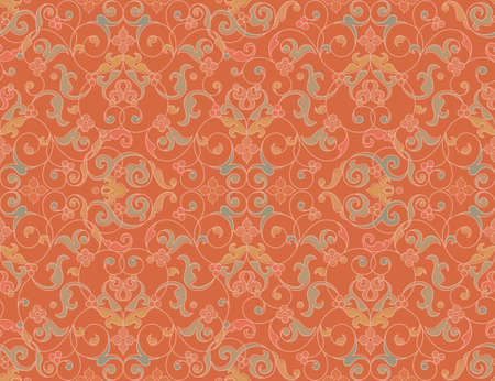 Vector seamless pattern with cream ornament. Vintage element for design in Eastern style. Ornamental lace tracery. Ornate floral decor for wallpaper. Endless texture. Pastel pattern fill.のイラスト素材