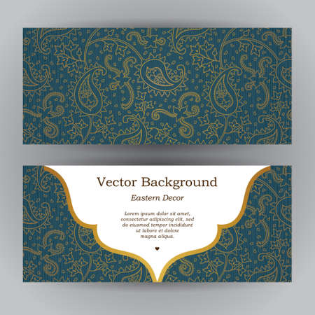 Ornate horizontal vintage cards. Outline paisley decor in Eastern style. Template frame for save the date and greeting card, wedding invitation, certificate, leaflet, poster. Vector golden border with place for text.のイラスト素材