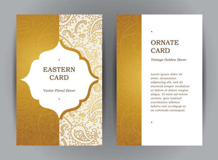 Vector set of ornate vertical vintage cards. Outline golden decor in Eastern style. Template frame for save the date and greeting card, wedding invitation, leaflet, poster. Ornamental border, place for text.のイラスト素材