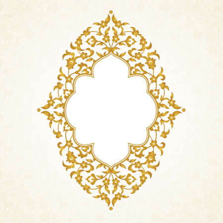 Vector decorative frame in Eastern style. Floral element for design template, place for text. Golden decor for birthday, greeting card, invitation, certificate, Thank you message, save for date.のイラスト素材