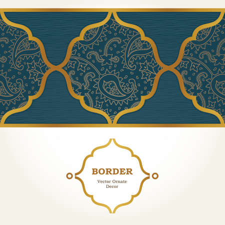 Vector ornate seamless border in Eastern style. Golden element for design. Outline vintage pattern for invitations, birthday and greeting cards, wallpaper. Traditional floral decor. Paisley pattern fill.のイラスト素材
