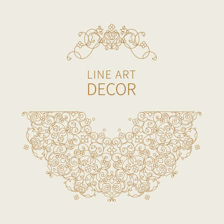 Vector floral vignette in Eastern style. Ornate line art element for design. Mono line decor. Outline ornament for invitations, birthday and greeting cards, thank you message, certificate.のイラスト素材