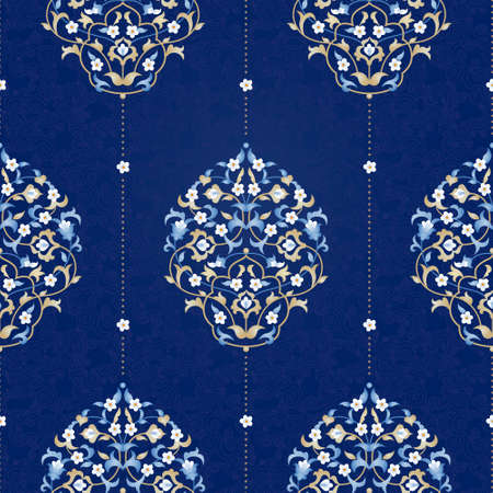 Vector seamless pattern with bright floral ornament. Vintage element for design in Eastern style. Ornamental lace tracery. Ornate floral decor for wallpaper. Traditional arabic decor on blue background.のイラスト素材
