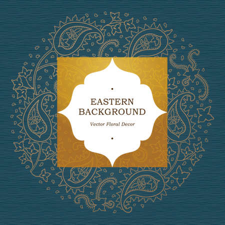 Vector ornate circle pattern and golden label in Eastern style. Outline floral element for design. Golden vintage illustration for invitations, birthday and greeting cards, wallpaper. Traditional paisley decor.のイラスト素材
