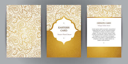 Vector set of ornate vertical vintage cards. Outline golden decor in Eastern style. Template frame for save the date and greeting card, wedding invitation, leaflet, poster. Ornamental border, place for text.のイラスト素材