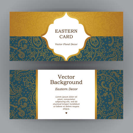 Ornate horizontal vintage cards. Outline paisley decor in Eastern style. Template frame for save the date and greeting card, wedding invitation, certificate, leaflet, poster. Vector golden border with place for text.のイラスト素材
