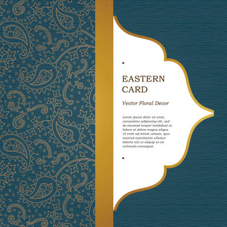 Ornate vintage cards. Outline paisley decor in Eastern style. Template frame for save the date and greeting card, wedding invitation, certificate, leaflet, poster. Vector golden border with place for text.のイラスト素材