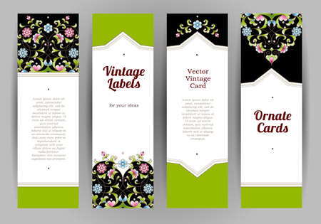 Vector set of ornate vertical cards in oriental style. Green Eastern floral decor. Template vintage frame for Ramadan Kareem greeting, invitation, thank you message. Labels and tags, place for text.のイラスト素材