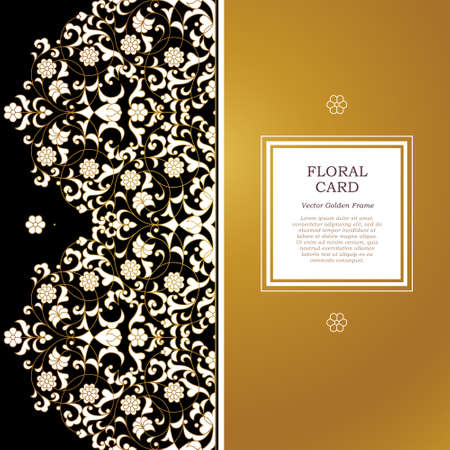 Ornate vintage cards. Golden floral decor in Eastern style. Template frame for save the date, Ramadan Kareem greeting card, invitation, certificate, leaflet, poster. Vector border with place for text.のイラスト素材
