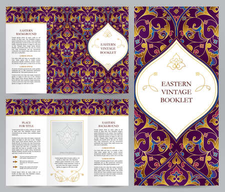 Ornate vintage booklet with bright floral decor. Gold decoration in Eastern style. Template frame for brochure, invitation, flyer, page layouts, leaflet, poster. Vector border. Layered, easy to use.のイラスト素材