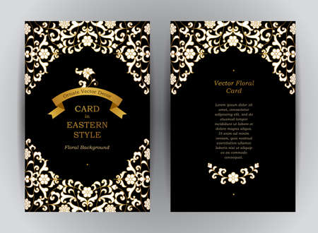 Ornate vintage cards. Golden floral decor in Eastern style. Template frame for save the date, Ramadan Kareem greeting card, invitation, certificate, leaflet, poster. Vector border with place for text.のイラスト素材